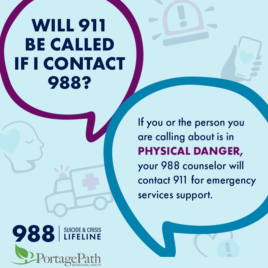 The #988Lifeline provides support for people in suicidal crisis or mental health distress. There is minimal law enforcement involvement, unless there is a safety threat. If you need help with a mental health problem, contact 988, locally answered by Portage Path.
