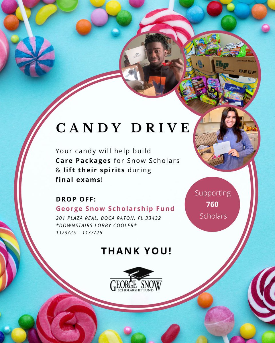 snowscholarship's tweet image. 🍭 Candy Drive Alert!
Next week, we’re collecting candy for our Care Package Program, which sends comfort and encouragement to our #SnowScholars as they head into final exams. Your sweet donation will make their study sessions a little brighter!