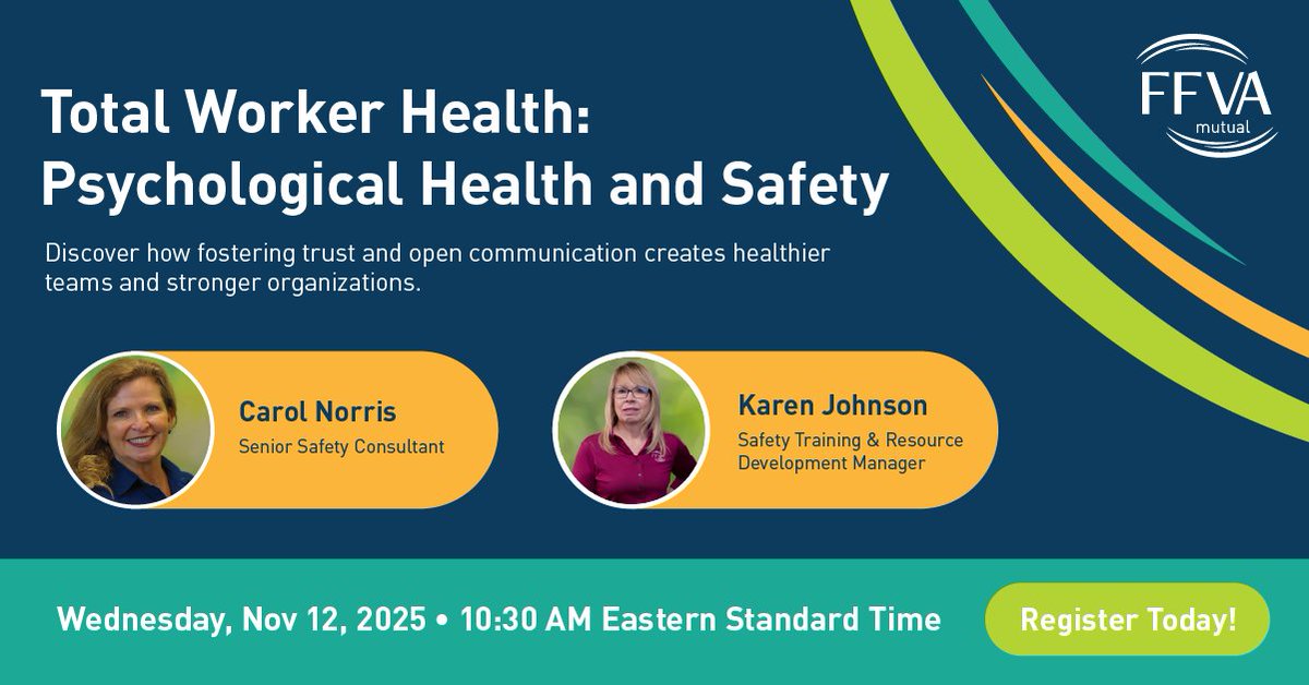 Join our webcast on Nov. 12th to learn how leaders can build psychologically healthy workplaces. Let’s create workplaces where people do their best work—because they feel their best. Register today: ow.ly/y8oh50X9N2x #PsychologicalHealth #WorkersComp #FFVAMutual