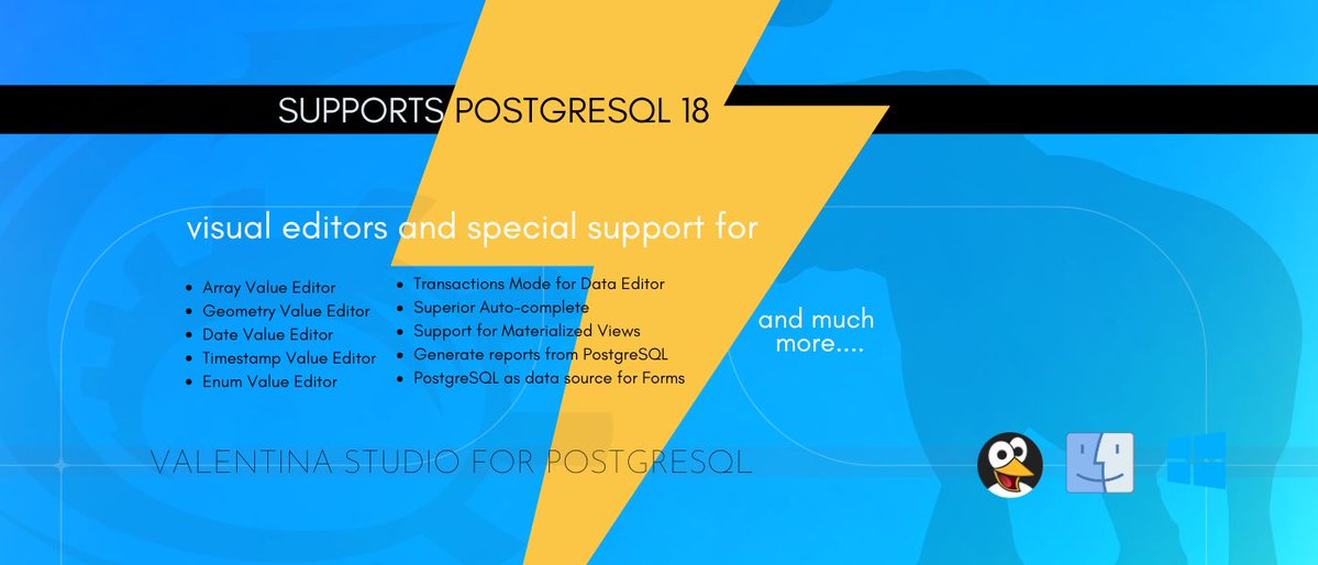 omegabundle's tweet image. Valentina Studio PRO now supports #PostgreSQL 18. Get Studio for free on Linux , Windows &amp; macOS. PRO adds forward engineering tools, #reporting &amp; more. #postgres bit.ly/494Vs5w
