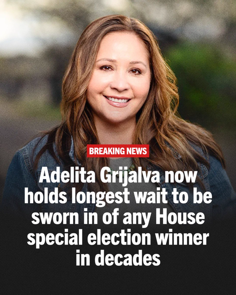 A photo of Adelita Grijalva with text that reads, "Breaking news: Adelita Grijalva now holds longest wait to be sworn in of any House special election winner in decades."