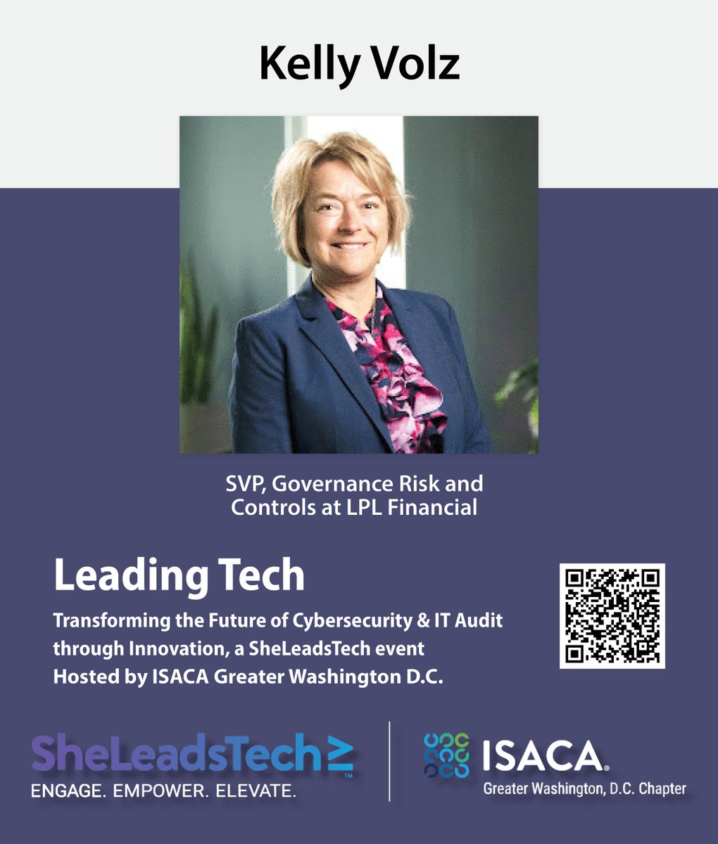 ISACA_GWDC's tweet image. 🎤 Speaker Spotlight: Kelly Volz
Join us Nov 13 at GMU Arlington for #SheLeadsTech by #ISACAGWDC

Kelly, SVP at LPL Financial, shows how governance and collaboration can make cyber–audit a force for innovation.

🔗 isaca-gwdc.org/event/leading-…