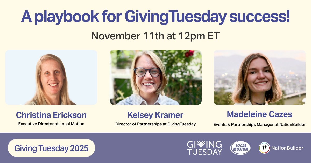 NationBuilder's tweet image. $3.6B raised on GivingTuesday last year. The opportunity is massive, but standing out requires strategy!

Join us for a convo with @GivingTuesday &amp;amp; @LocalMotionVT on donor engagement, storytelling, and keeping supporters engaged beyond one day.

🔗 RSVP: bit.ly/48R8lQG
