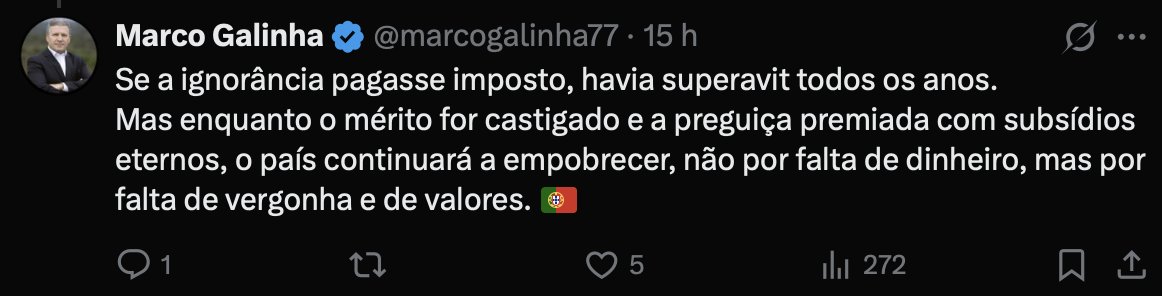 <a href="/marcogalinha77/">Marco Galinha</a> <a href="/jm_jonet/">João Maria Jonet</a> Gosto muito deste caso porvárias razões. Primeiro, quando é apanhado em flagrante, dobra a aposta a chamar ignorante quem aponta o seu erro e fala de vergonha e valores sem nem sequer saber o que significam estas palavras. As palavras aqui não têm valor nenhum.