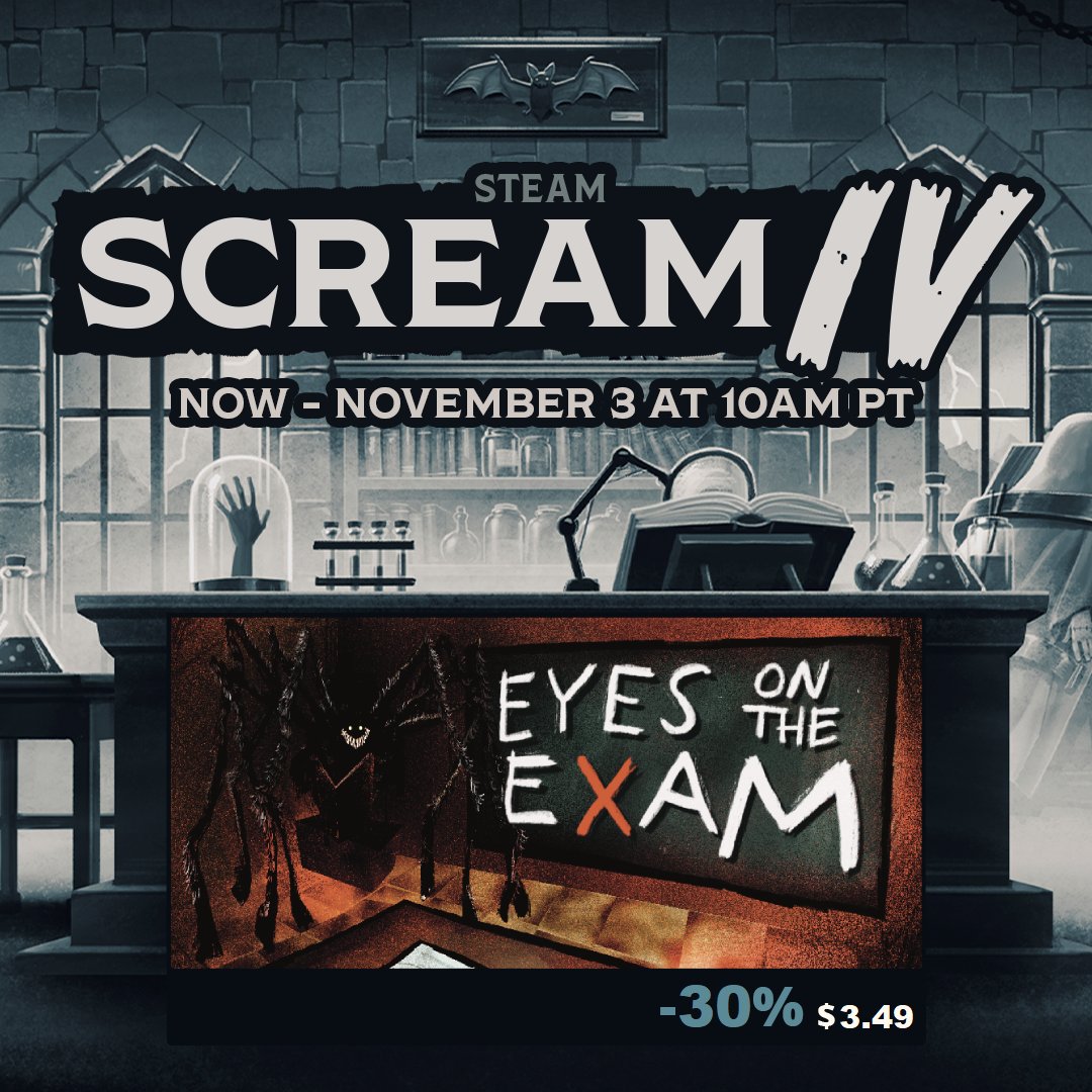 Montyrell's tweet photo. Happy #WishlistWednesday remember that EYES ON THE EXAM is 30% off as part of the Steam Scream Fest!
https://t.co/zKEAAQmErL https://t.co/5YoIMGYZ4T