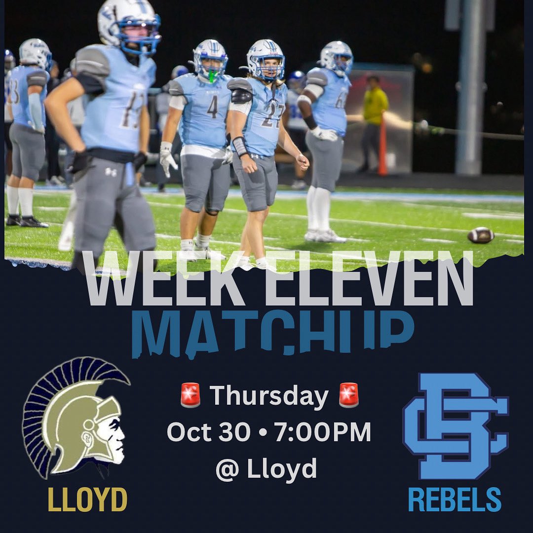 Week 1️⃣1️⃣ and Final Regular Season Matchup 

 🏈 Boone Co. Rebels vs Lloyd Juggernauts 

🗓️ THURSDAY October 30th, 2025

⏰ 7:00pm

📍@ Lloyd High School