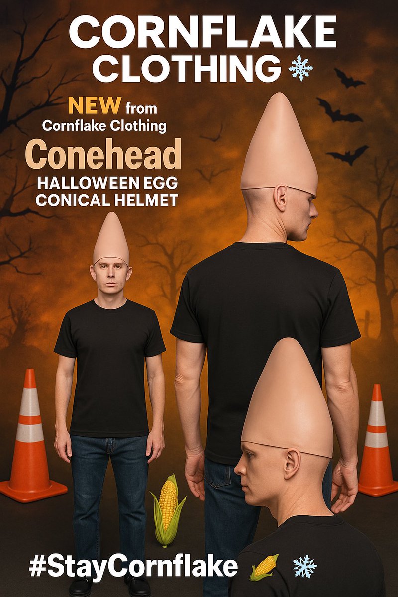CornflakePLC's tweet image. 🚨 NEW FOR HALLOWEEN 🚨 

The Cornflake Conehead Halloween Egg Conical Helmet 🪖

☠️ A perfect 👌 addition to your Halloween costume
👻 Great for parties, I must say
🎃 Dress like your favourite conehead
👻 Limited Edition and all that
💀 Adult or Child sizes

#StayCornflake🌽❄️