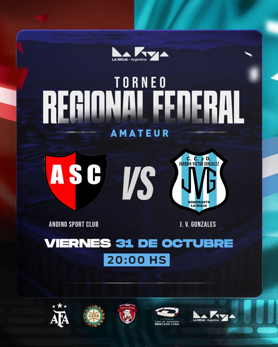 🏟️ Este viernes vuelve el fútbol al estadio "Carlos Augusto Mercado Luna".

⚽ Desde las 20 hs. se juega el Torneo Regional Federal Amateur. Se enfrentan Andino y Joaquín V. González de Nononogasta.

🙌🏼 Los esperamos a todos para disfrutar un nuevo encuentro del fútbol riojano.