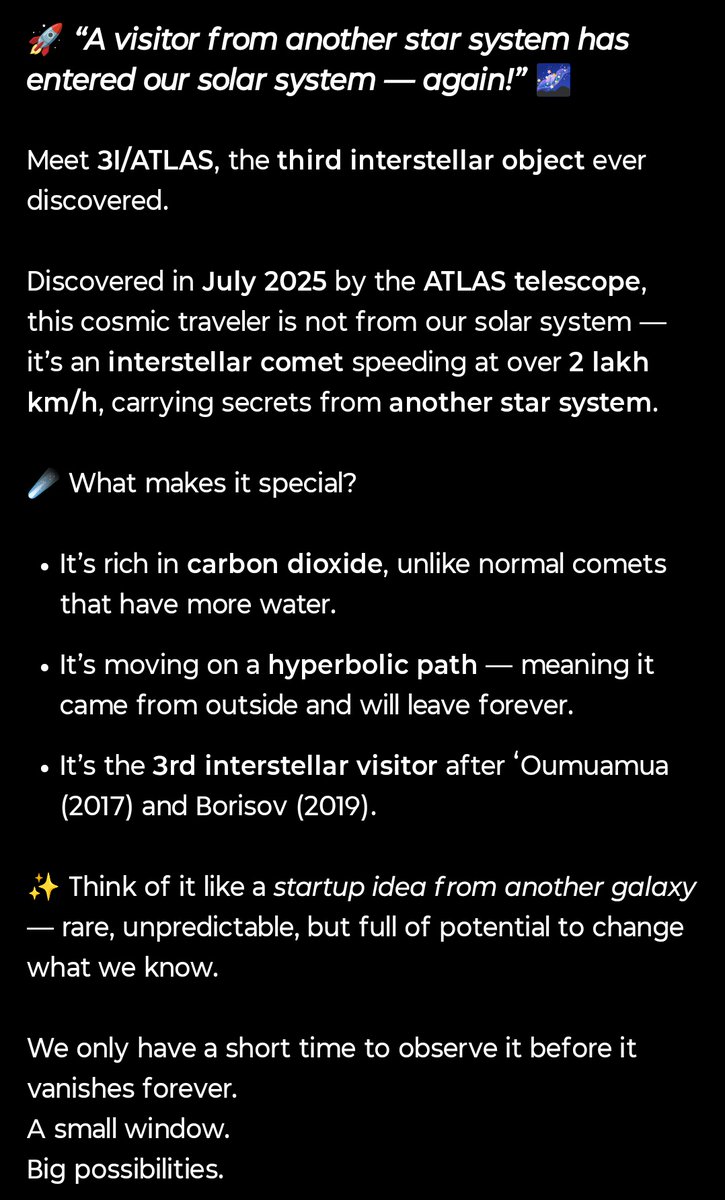 Anurag_Yadav_66's tweet image. #3IATLAS #InterstellarComet #SpaceExploration #NASA #Astronomy #StartupMindset #Innovation #TechReel #ScienceNews #AIandSpace