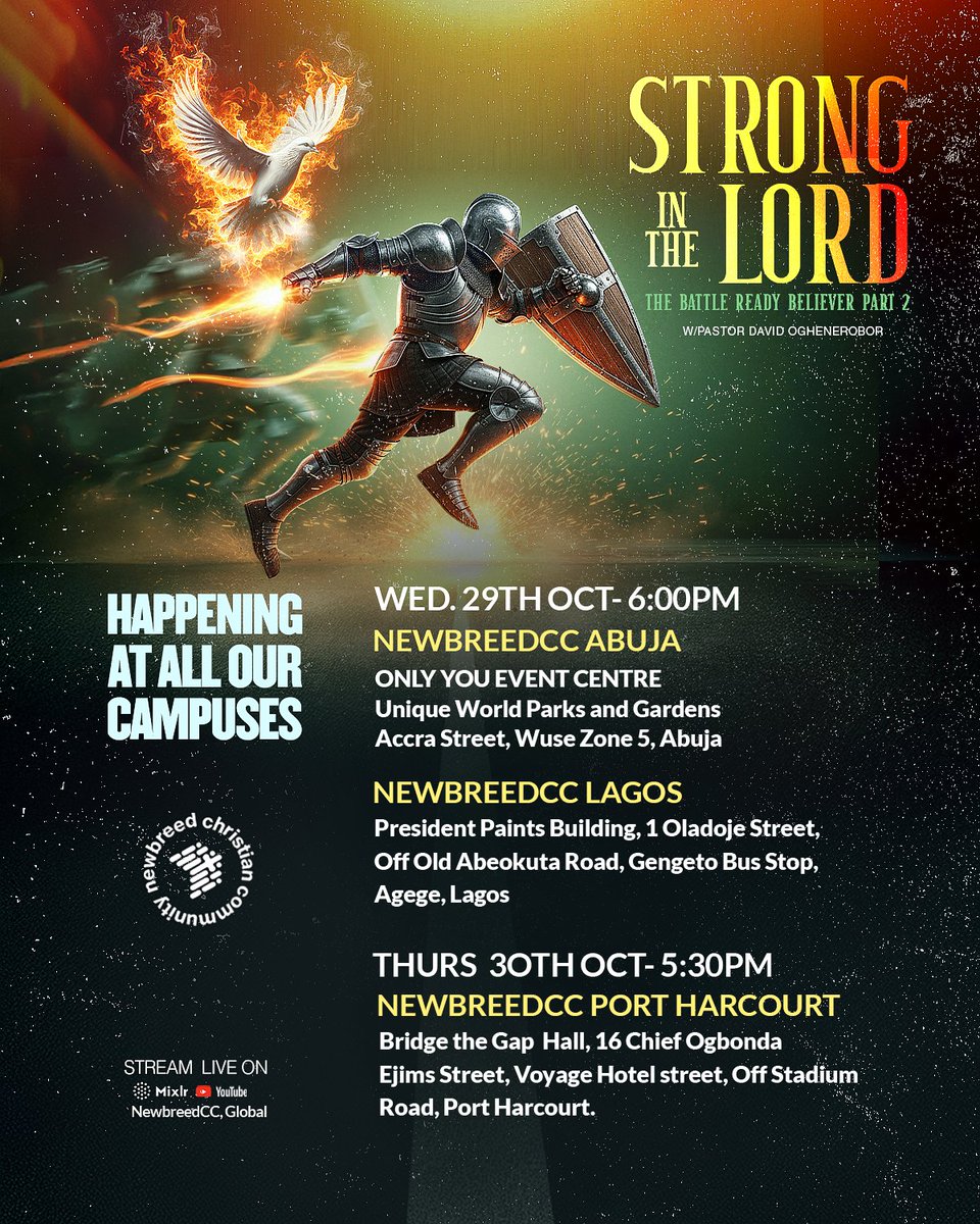 newbreedccng's tweet photo. What keeps a believer standing when life hits hardest? 👀
It’s not muscle. It’s not willpower.
It’s strength in the Lord. ⚔️🔥

This Midweek Service, we answer THE CALL to rise in the strength that comes from who He is and what He’s given us. 💪🏽

Don't miss this service! https://t.co/V5AhUqqlne