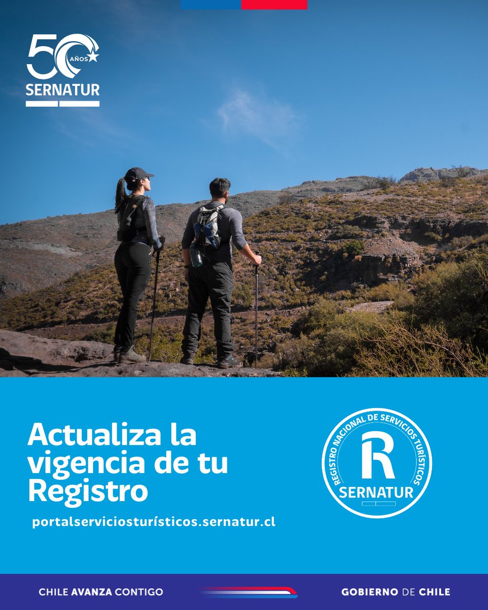 ¡No termines tu 2025 sin ser parte del Registro!

¿Cómo?

- Ingresa a 👉 portalserviciosturisticos.sernatur.cl

- Crea tu cuenta

- Sube los documentos solicitados según tu tipo de servicio y que demuestran que tu servicio está en regla.

¡Regístrate y actualízate!