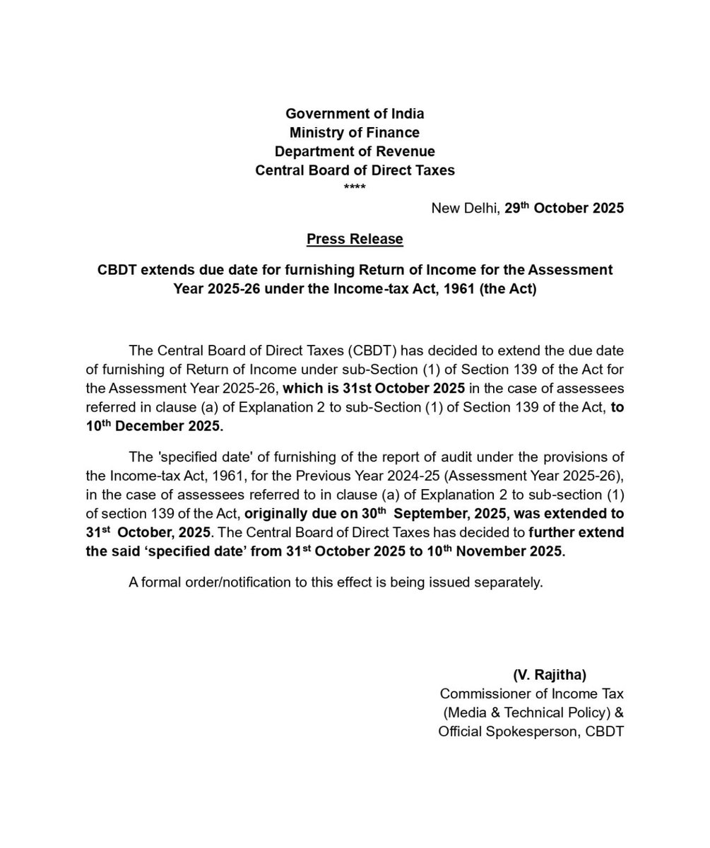 that_caguy's tweet image. 📢 CBDT extends Tax Audit and ITR Dur date:-

Tax Audit - 10th Nov 2025
ITR Audit Case - 10th Dec 2025

✨🔥

#CBDT #extend_due_dates_immediately #extendauditduedate #taxauditextension #itrfiling #Taxtwitter