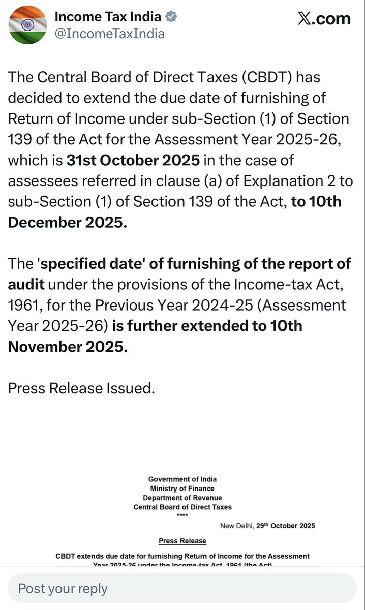 that_caguy's tweet image. 📢 CBDT extends Tax Audit and ITR Dur date:-

Tax Audit - 10th Nov 2025
ITR Audit Case - 10th Dec 2025

✨🔥

#CBDT #extend_due_dates_immediately #extendauditduedate #taxauditextension #itrfiling #Taxtwitter