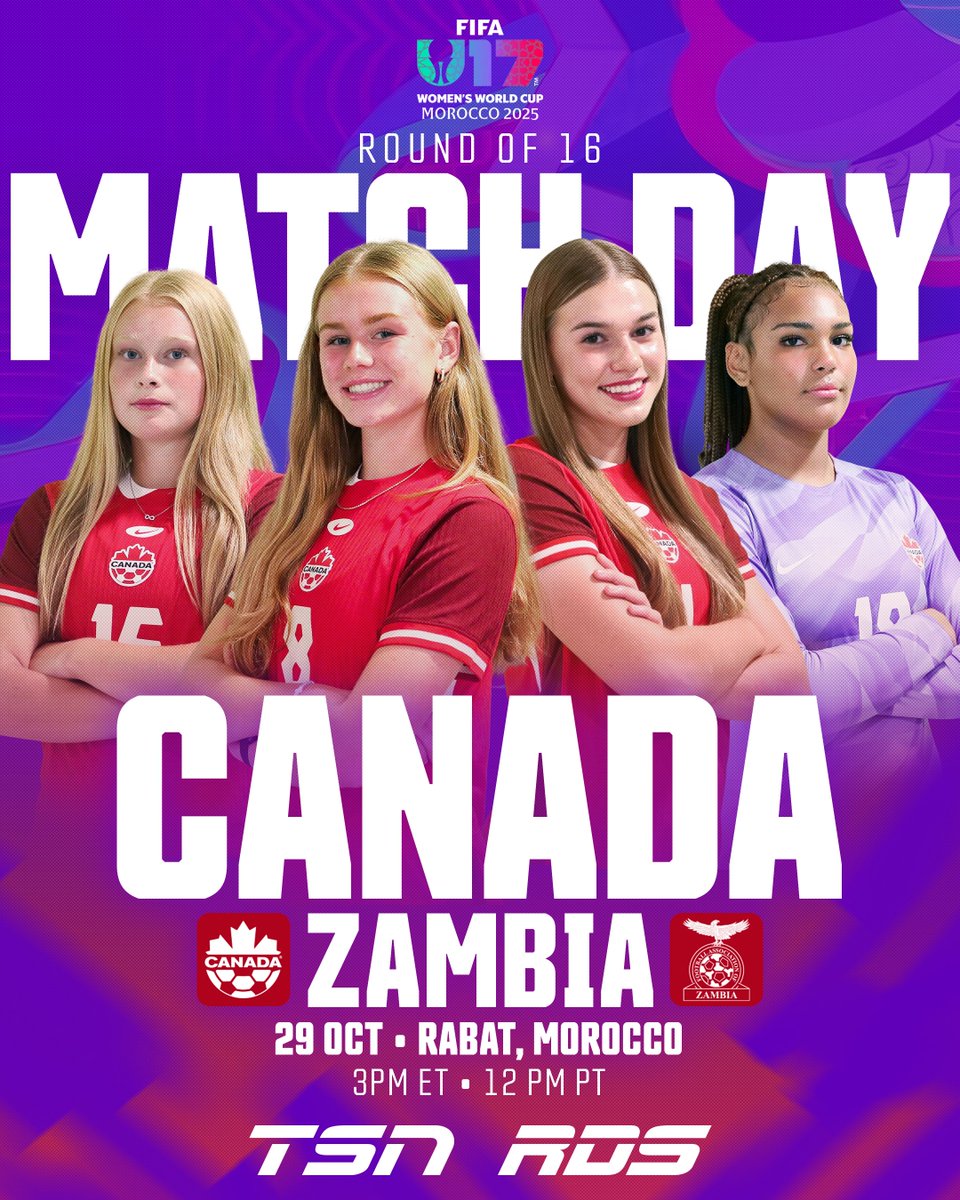 It’s #CANW17 Round of 16 Match Day from Morocco!

Watch on TSN and FIFA+ as Canada take on Zambia for a spot in the Quarters 💪🍁