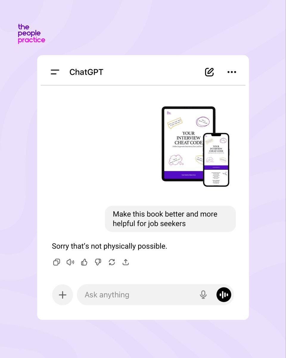 ThePeoplePract's tweet image. Error 303, that is impossible😌
Your Interview Cheat Code was crafted with real job seekers in mind.
#interviewtips #interviewprep #thepeoplepractice