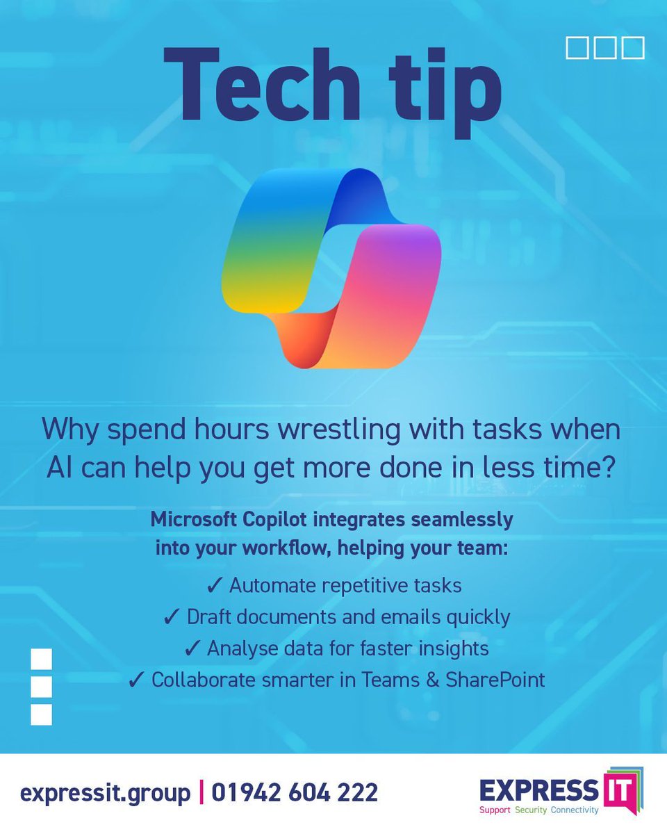 expressitgroup's tweet image. Why spend hours wrestling with tasks when AI can help you get more done in less time? 

Microsoft Copilot integrates seamlessly into your workflow.

Empower your business to focus on what really matters while Copilot handles the routine. 

Learn more: expressit.group