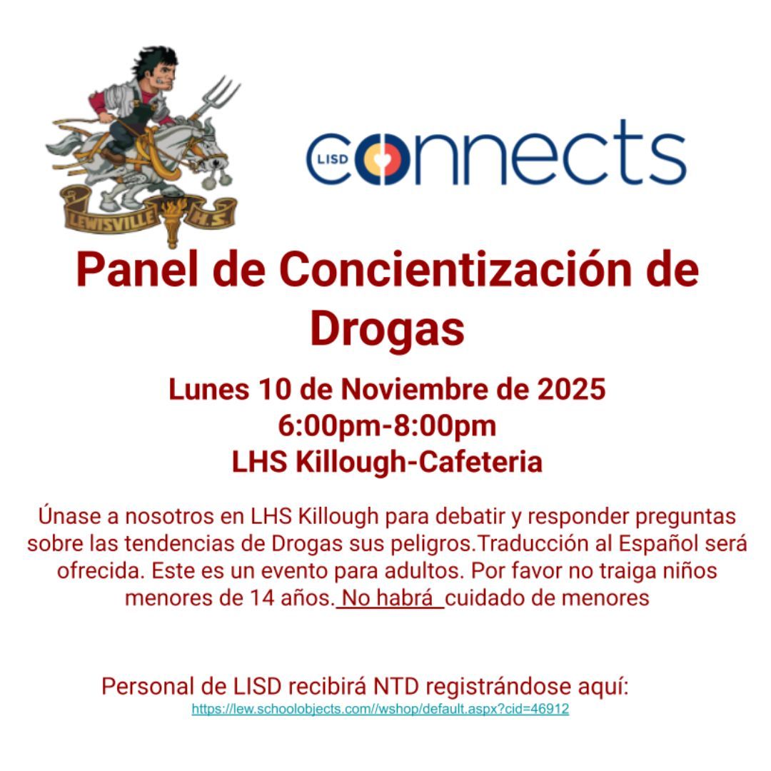🚨 Stay informed, stay safe! Join us Mon, Nov 10, 6-8pm at LHS Killough Cafeteria for a Drug Trends &amp; Awareness Panel. Q&amp;A included, Spanish translation available. (Ages 14+ only)