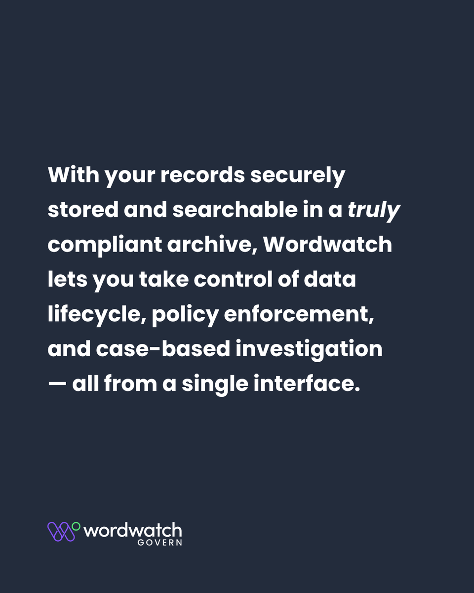 Wordwatchtech's tweet photo. With records secure in Wordwatch Archive, Wordwatch Govern turns policy into action. Apply jurisdiction-aware retention, legal hold, access control and audit trails, plus case-based investigation. Prove control faster. Discover Wordwatch Govern today.
#CommunicationsGovernance #AuditReadiness #RegTech #Wordwatch