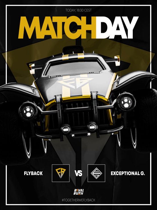 FlyBack eSports (@flybackesports) on Twitter photo Match Day! 🪽
FlyBack eSports vs. <a href="/ExceptionalGM/">Exceptional Gaming</a> 
<a href="/RivalRushRL/">Rival Rush</a> division 1 at 6:30pm. 
Our lineup: <a href="/Tox_RL/">QAD Tox</a>, <a href="/rezears/">Rezears</a> and <a href="/dayyshift/">dayyshift</a> 
Watch live at: twitch.tv/rivalrushrl 
#togetherweflyback Match Day! 🪽
FlyBack eSports vs. <a href="/ExceptionalGM/">Exceptional Gaming</a> 
<a href="/RivalRushRL/">Rival Rush</a> division 1 at 6:30pm. 
Our lineup: <a href="/Tox_RL/">QAD Tox</a>, <a href="/rezears/">Rezears</a> and <a href="/dayyshift/">dayyshift</a> 
Watch live at: twitch.tv/rivalrushrl 
#togetherweflyback
