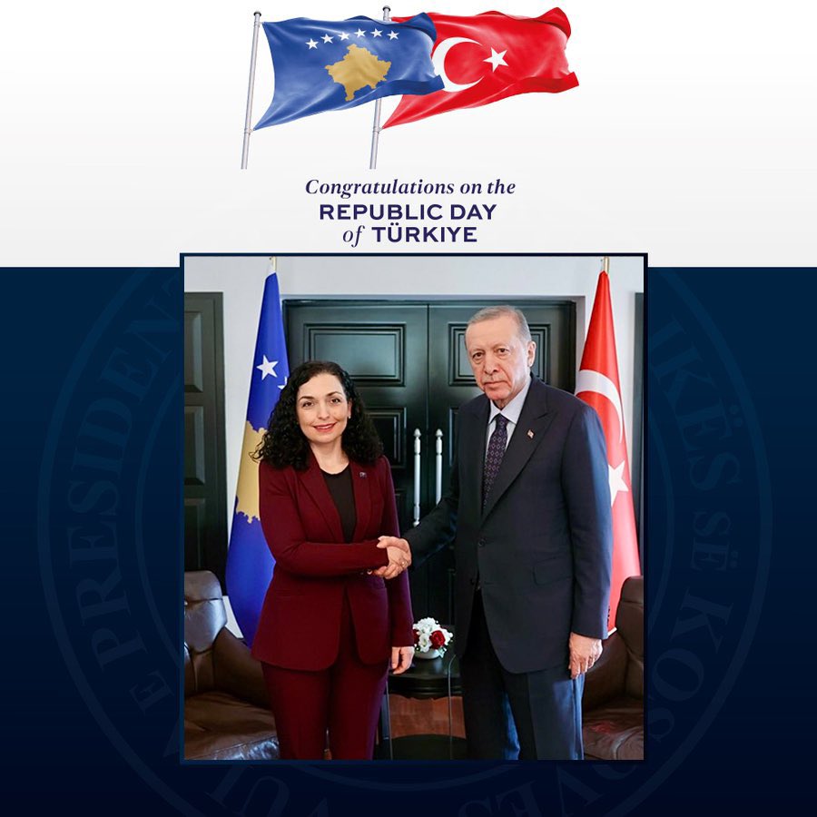 Cumhurbaşkanı <a href="/RTErdogan/">Recep Tayyip Erdoğan</a>’ın ve Türk Milletinin Cumhuriyet Bayramı'nı en içten dileklerimle kutluyorum. 🇽🇰 🤝 🇹🇷 

Türkiye, Kosova halkının yakın dostu ve müttefiki olmaya devam etmektedir. Süregelen desteğiniz ve sarsılmaz işbirliğiniz için derin şükranlarımızı sunuyor, ikili