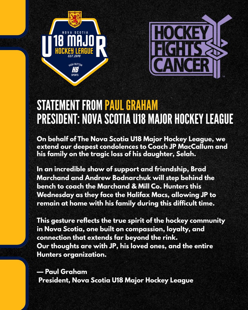 thehighbutton's tweet image. Brad Marchand and Andrew Bondarchuk will be behind the bench tonight for the March &amp;amp; Mill Co. Hunters, showing their support for their longtime friend JP MacCallum and his family after the recent passing of their daughter, Selah. Hockey is Family ❤️

@nsu18mhl 
@HockeyNS