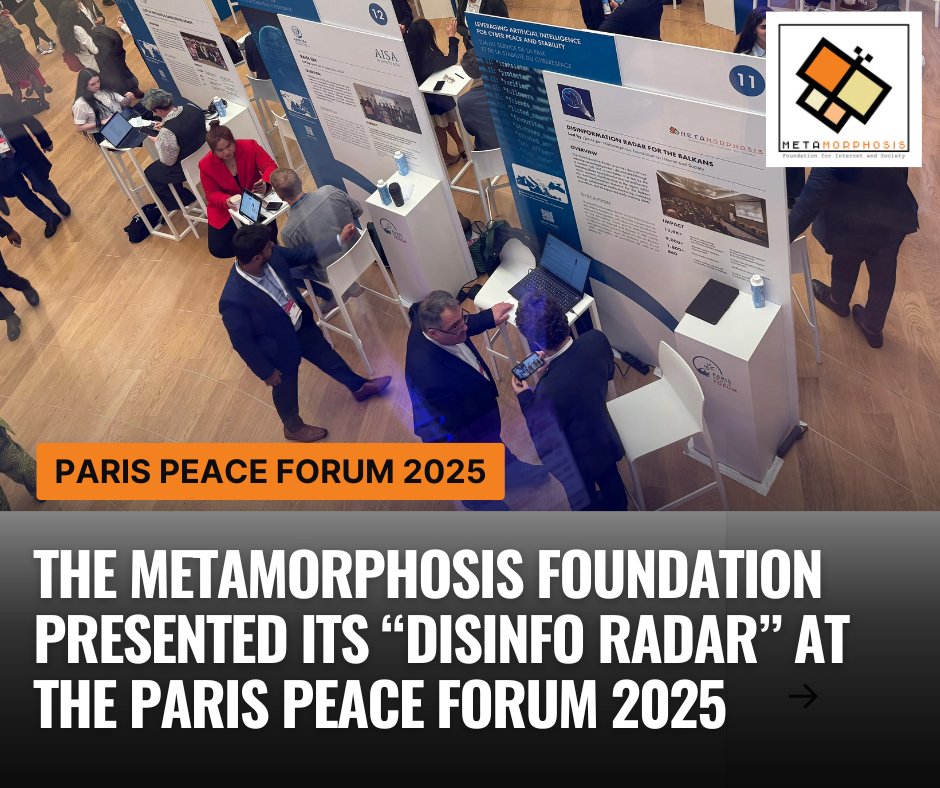 The Metamorphosis Foundation, through its “Disinfo Radar”, has been selected among the 30 solutions presented at the Paris Peace Forum 2025.

tinyurl.com/47bwx5hw

#PPF2025 #antidisinfo #WesternBalkans #AI #DisinfoRadar

<a href="/antidisinfonet/">Western Balkans Anti-Disinfo Hub</a> 
<a href="/ParisPeaceForum/">Paris Peace Forum</a>