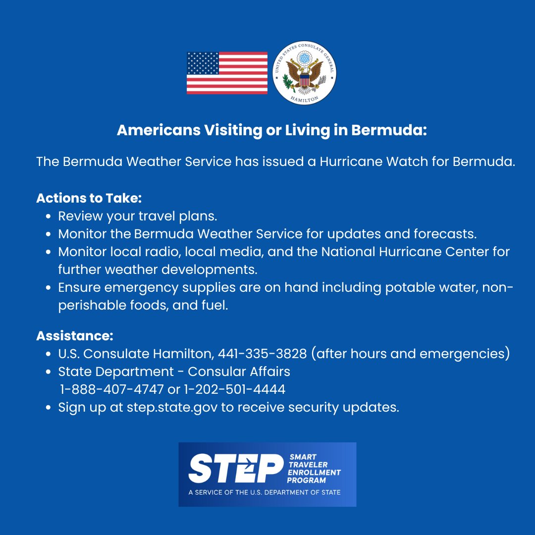 Americans visiting or living in Bermuda:
- The Bermuda Weather Service has issued a Hurricane Watch.

- Hurricane Melissa is expected to pass near Bermuda late on Thursday, October 30, into Friday morning, October 31. 

- Monitor the Bermuda Weather Service and the National