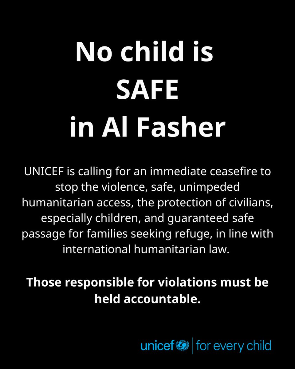UNICEFmena's tweet image. UNICEF is gravely concerned by the images and reports coming from Al Fasher, in the Darfur region of Sudan.

The escalating violence has left thousands of children, already besieged for more than 500 days, further trapped amid relentless shelling, heavy fighting, and severe…