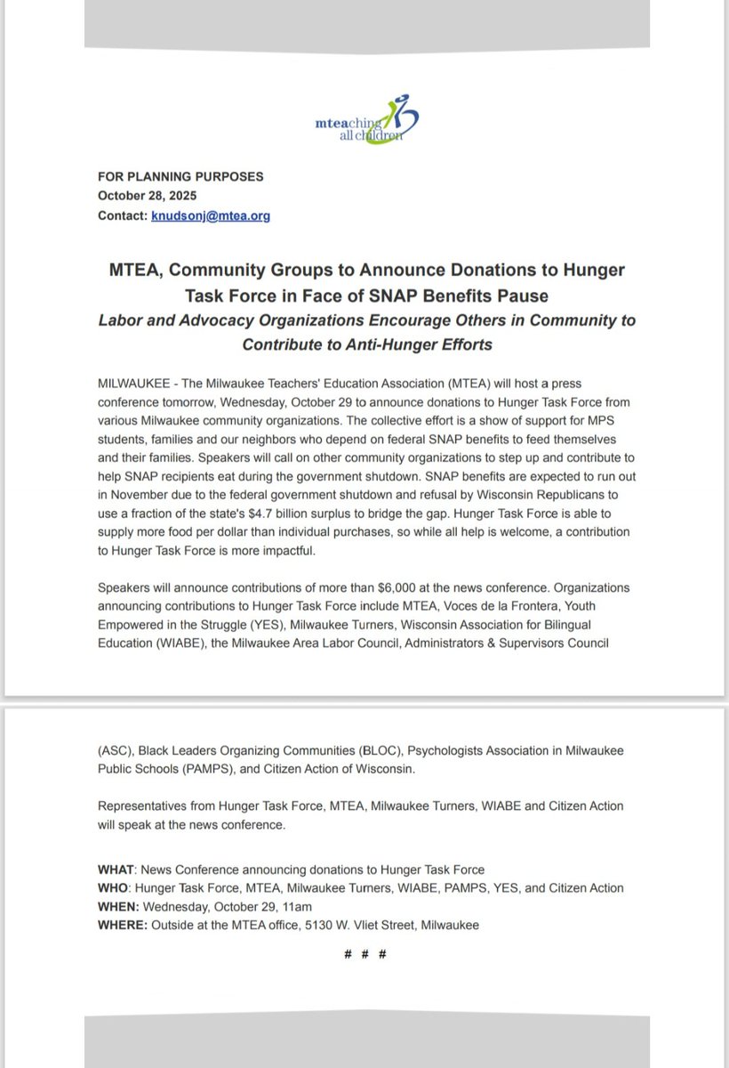 MTEAunion's tweet photo. MTEA will host a press conference today to announce donations to Hunger Task Force from various MKE community orgs. The collective effort is a show of support for MPS students, families &amp; our neighbors who depend on federal SNAP benefits to feed themselves &amp; their families... https://t.co/NSdFkMB9pH
