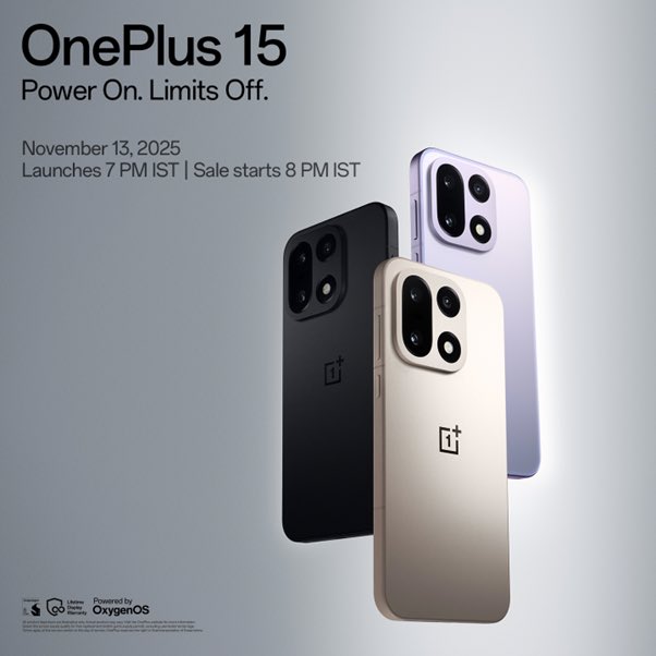 ishanagarwal24's tweet image. OnePlus 15 is launching on November 13 in 🇮🇳 India!

You will be able to purchase it starting 8 PM on 13th itself. 🛍️

- Snapdragon 8 Elite Gen 5
- 16GB LPDDR5X Ultra+ RAM
- OxygenOS 16
- DetailMax Photography Engine
- Infinite Black, Sand Storm, Ultra Violet color options