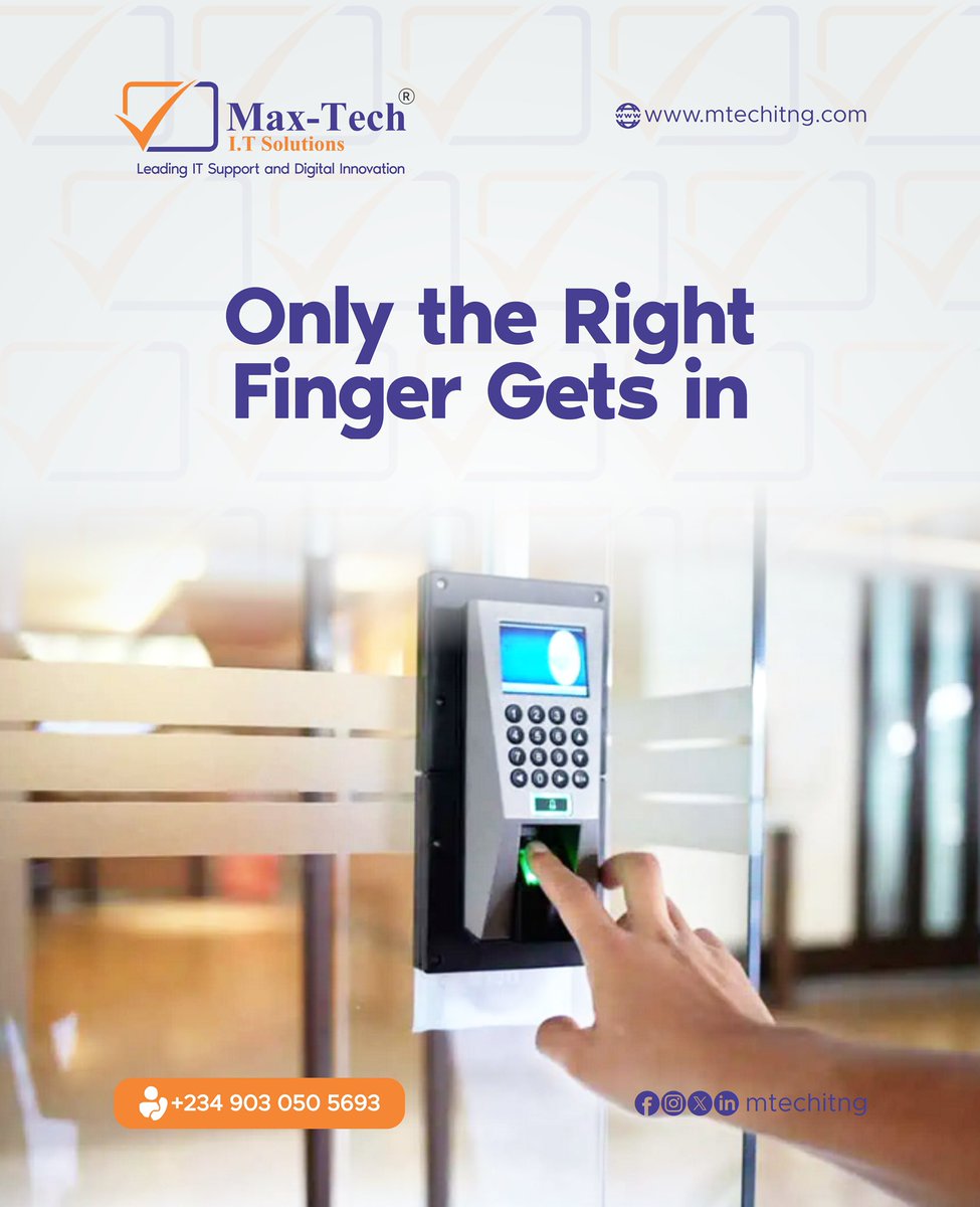 mtechitng's tweet image. ..
Biometric access isn’t just convenient, it’s secure.
..
Max-Tech helps offices upgrade from traditional keys to fingerprint-based access systems that put control in your hands… literally. 
..
Security made smart, simple, and reliable.
..
#mtechitng 
#BiometricSecurity