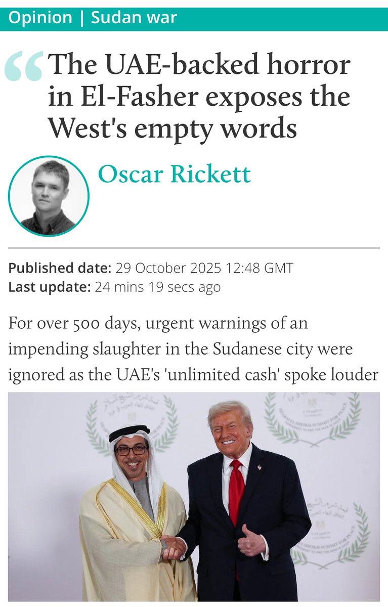 oscarrickettnow's tweet image. For over 500 days, we knew what would happen in el-Fasher if nothing was done to hold the RSF and its backers, the UAE back. The US, UK and the rest did nothing. Why? Because of “unlimited cash”. New column for ⁦@MiddleEastEye⁩