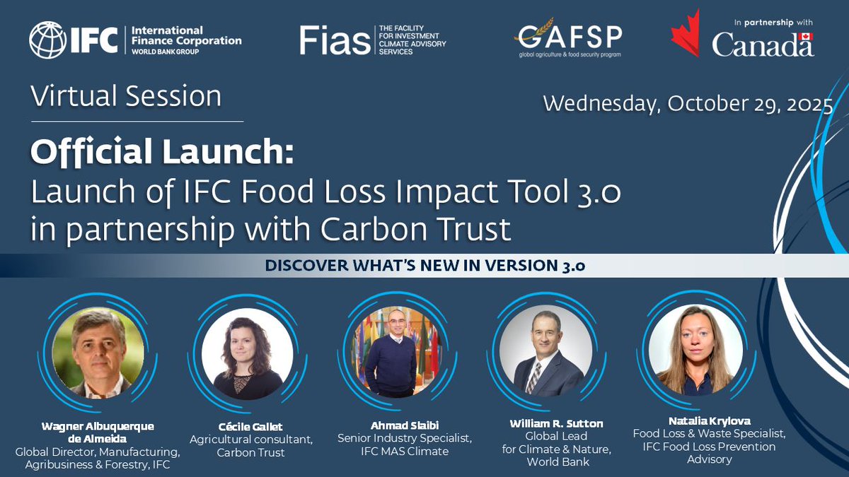 GAFSPfund's tweet image. The @IFC_org #FoodLossImpactTool 3.0 helps agribusinesses better understand:
✅ Supply chain
✅ Food security impact

Register to join the official launch on 29 Oct. to discover what makes the tool valuable for the #AgriFood sector: bit.ly/3WUSAkr
@thecarbontrust @Canada