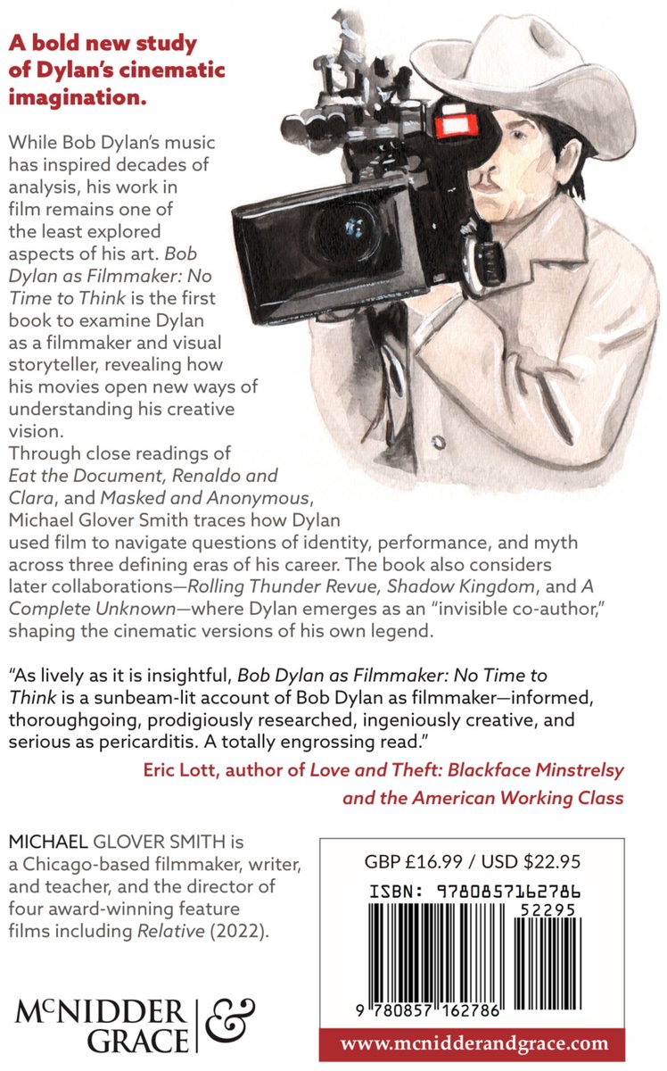 whitecitycinema's tweet image. Here it is: the back cover of BOB DYLAN AS FILMMAKER: NO TIME TO THINK, featuring a beautiful illustration of Dylan on the set of MASKED AND ANONYMOUS by the venerable Elizabeth Yoo and a critical blurb from the great Eric Lott. Pre-order now at michaelgloversmith.com/books