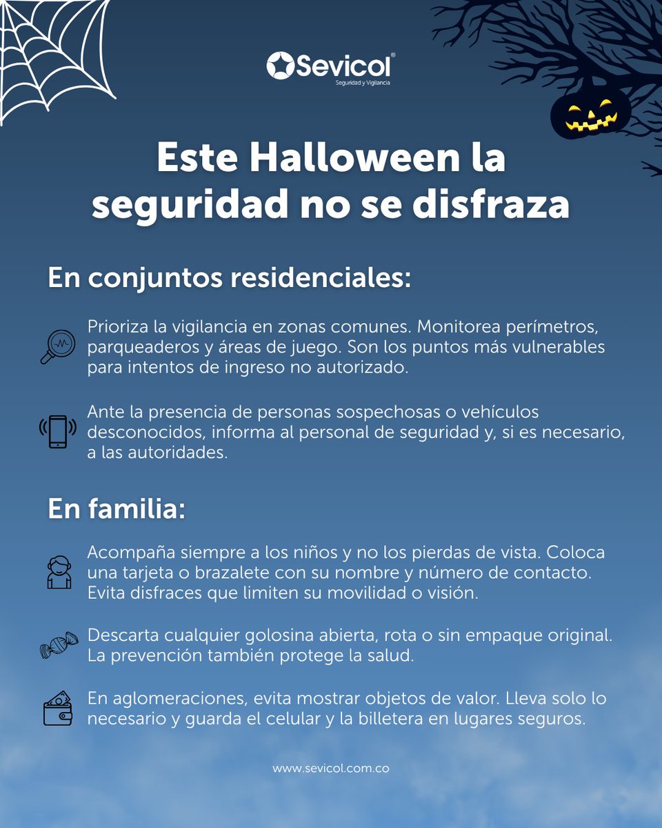 🎃 Este Halloween, reforcemos juntos la seguridad.
Sigue las recomendaciones de nuestros expertos y evita que un descuido arruine la celebración.

La prevención también se celebra. 🤝

…
#HalloweenSeguro #Sevicol #Sincros #SeguridadIntegral #Prevención #SomosMásQueSeguridad