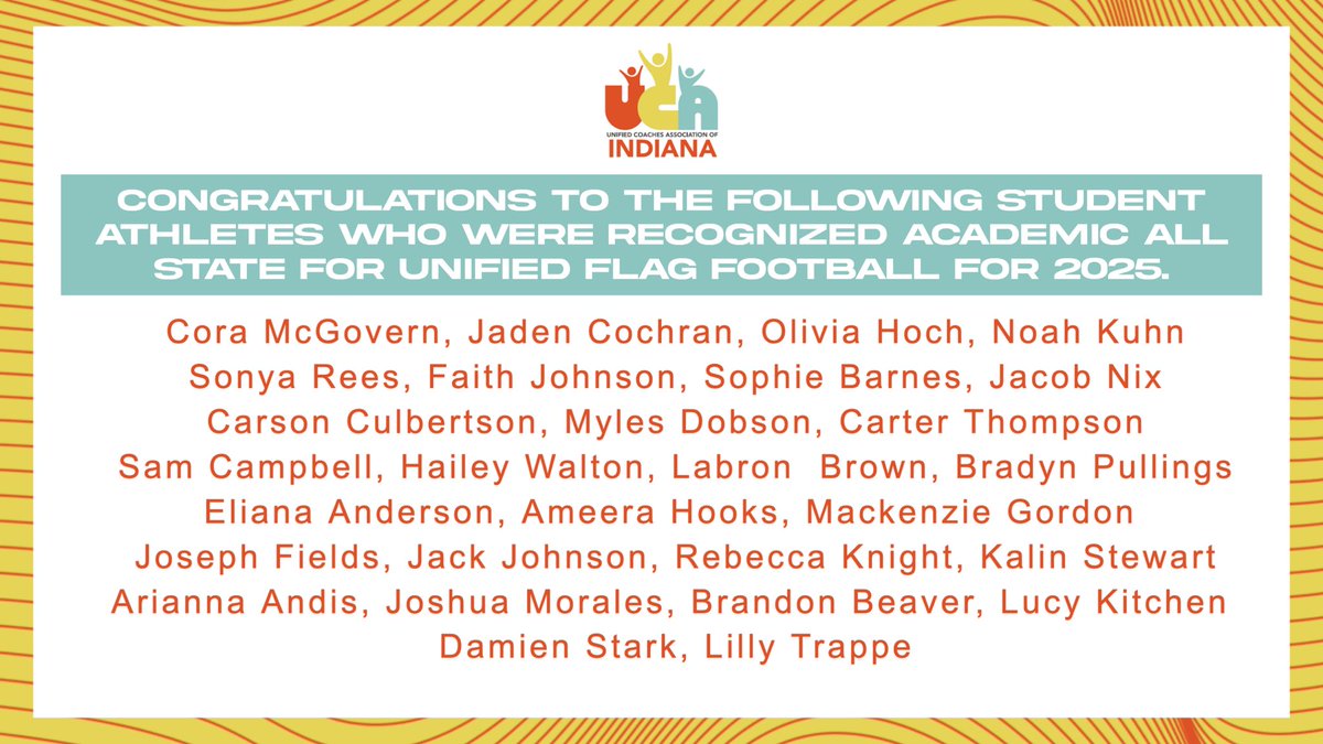 Congratulations to our 2025 Unified Flag Football Academic All State Team. <a href="/IHSAA1/">IHSAA</a> <a href="/SOIndiana/">Special Olympics Indiana</a> <a href="/ChampsTogether/">Champions Together</a>