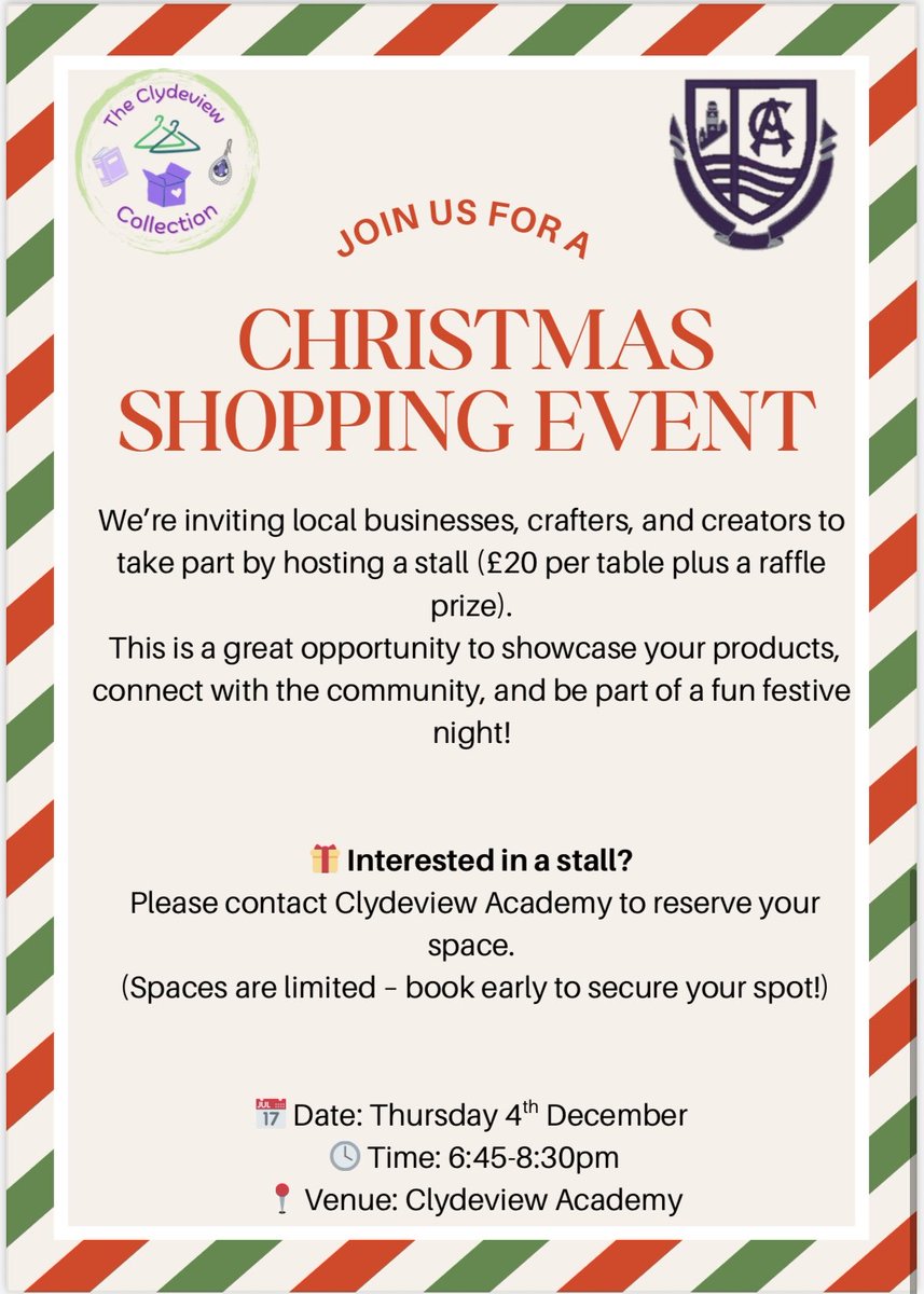 Clydeview Christmas Shopping Night is coming up! Join us for a festive evening full of local stalls, gifts, and holiday cheer.
If you’d like to have a stall, please contact us to book your spot! 🌟 

<a href="/clydeview_a/">Clydeview Academy</a>