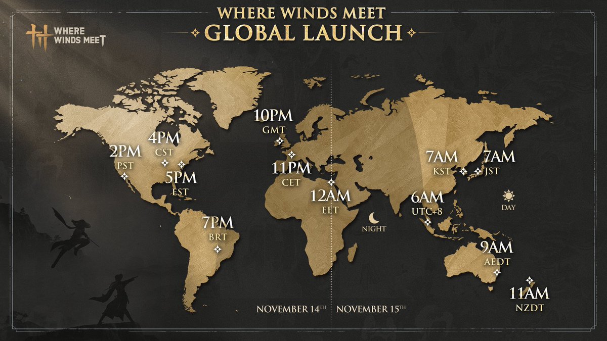 🌏 Mark your calendars—the global release is almost here!
Check the release times for your region and prepare to enter the Jianghu. 🍃

 *Release times are the same on PC and PlayStation.
#WhereWindsMeet