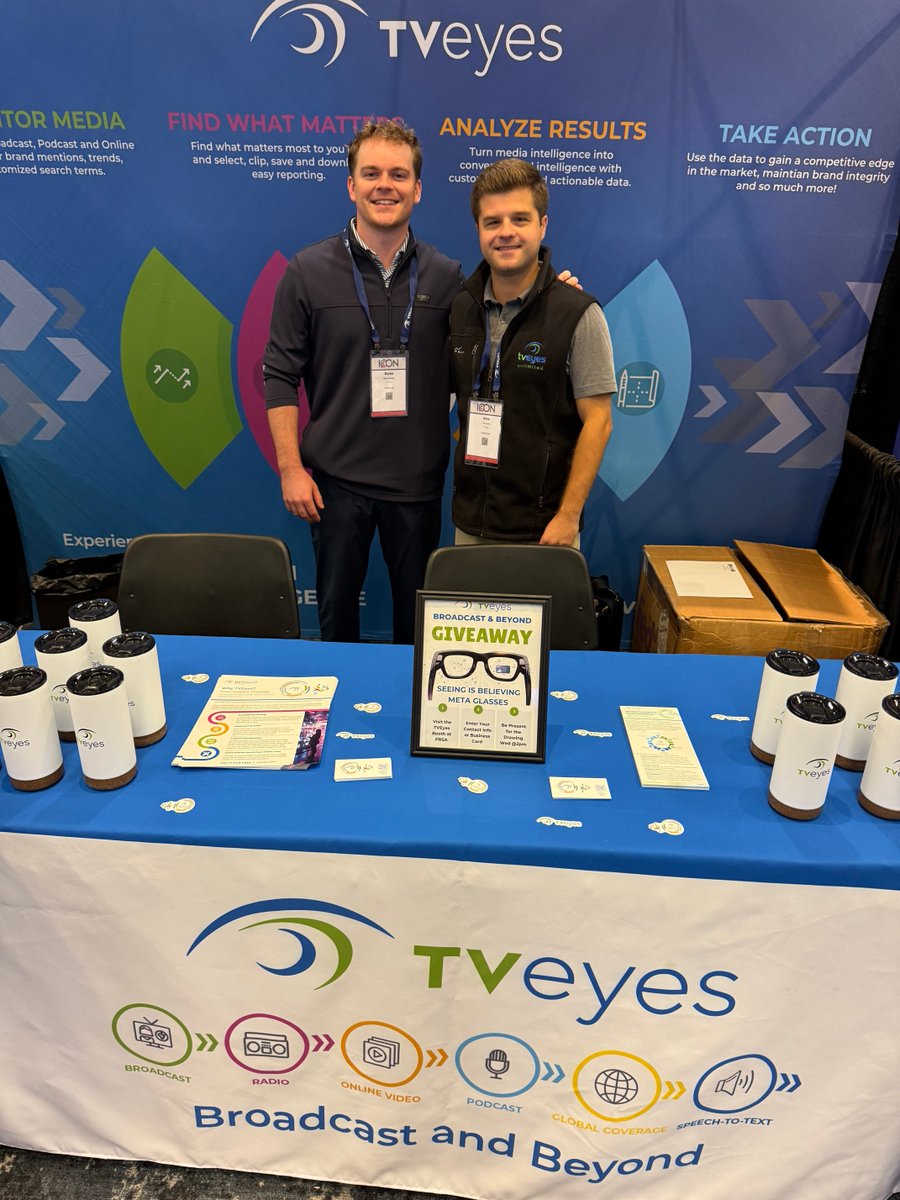 TVEyesInc's tweet image. 👋 Day 2 at #PRSAICON and we’re bringing the energy!

Swing by Booth #316 to see how TVEyes Insight is transforming media monitoring, and don’t miss your chance to win Meta Ray-Ban smart glasses 👓🔥
