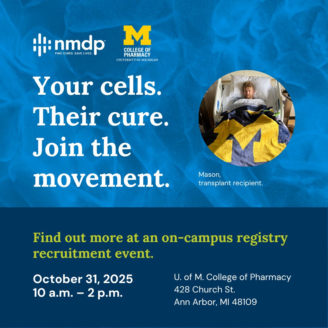 Your cells. Their cure. 💙💛
Join the movement this Halloween! 🎃

Stop by the U-M College of Pharmacy from 10 a.m.–2 p.m. to learn how you could save a life with NMDP.

#UMich #WolverinesForLife #JoinTheMovement <a href="/UMichPharmacy/">U-M College of Pharmacy</a>