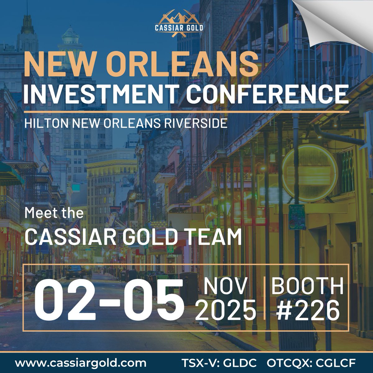 Cassiar Gold will be exhibiting at the 2025 #NewOrleansInvestmentConference next week with CEO <a href="/MarcoBRoque/">Marco Roque</a> and VP IR Jason Shepherd providing updates on the company! We'll see you there!

Email jasons@cassiargold.com if you'd like to connect during the event!

📅: November 2-5,