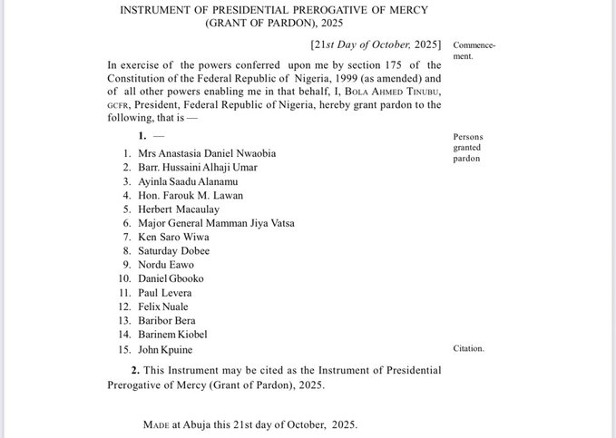 Scanned official document titled Instrument of Presidential Prerogative of Mercy listing pardoned individuals including Mrs Hannatu Aliyu, Mr Annasatu Dikko, Hon Farouk Lawan, Mr Friday Adeyemo, Mr Muhammad Buba Majiya, Mr Sagir Maigari, Mr Nwaozo Nwawuihe, Paul Agboola, Mr Ndidi Ugo, Mr Lawal Musa, Felix Nwankwo, Mr Bashir Yusuf Ibrahim, Mr John Knecht with presidential signature and date Abuja 21st October 2025. Another document on commutation of life imprisonment sentences for Emmanual Baba, Khafiat Umar, Mohammed Umar. Third document on grant of clemency listing Orji Michael Chibuzo, Danjuma Oluwafemi Paul, Bunza Sani Baba, Muhammadu Bakar, Ibrahim Yusuf Bakar, Ex Corporal Michael Bawa, Adamu Ayuba, Chimnma Stanley, John Nwosu Udog with date Abuja 21st October 2025.