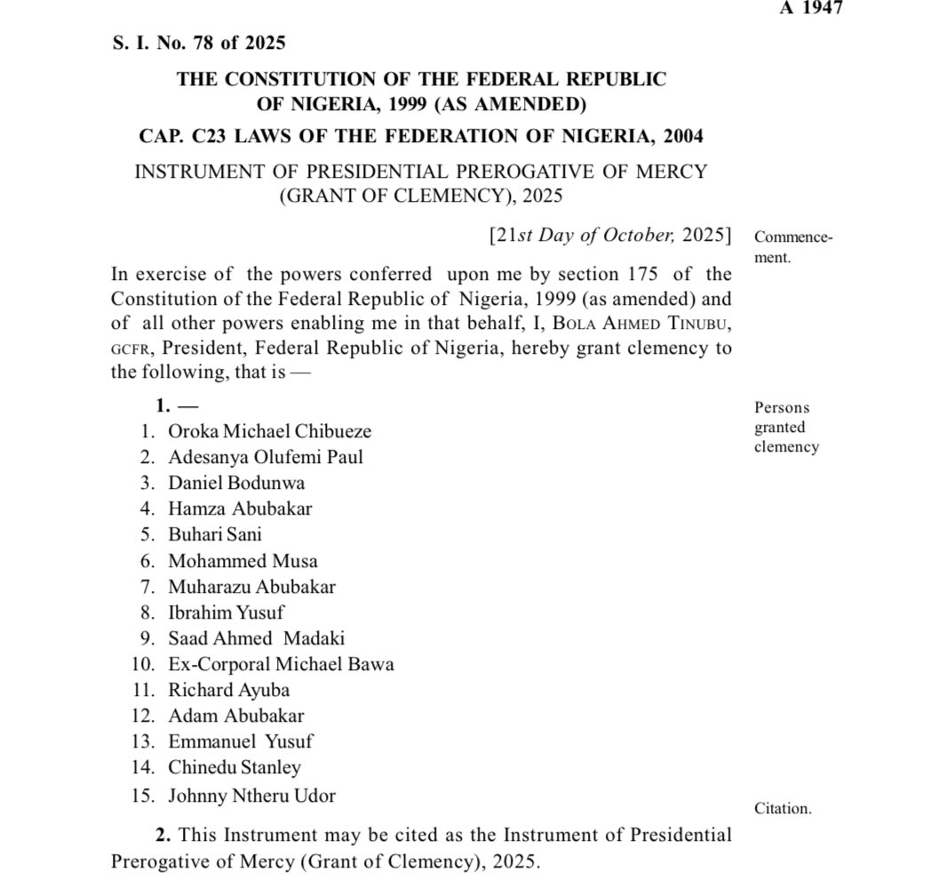 STATEHOUSE PRESS RELEASE

PRESIDENT TINUBU SIGNS INSTRUMENT OF CLEMENCY AND PARDONS, MOVES SECRETARIAT OF PREROGATIVE OF MERCY COMMITTEE TO JUSTICE MINISTRY

President Bola Ahmed Tinubu, GCFR, has executed the relevant instruments of release to complete the process of formally