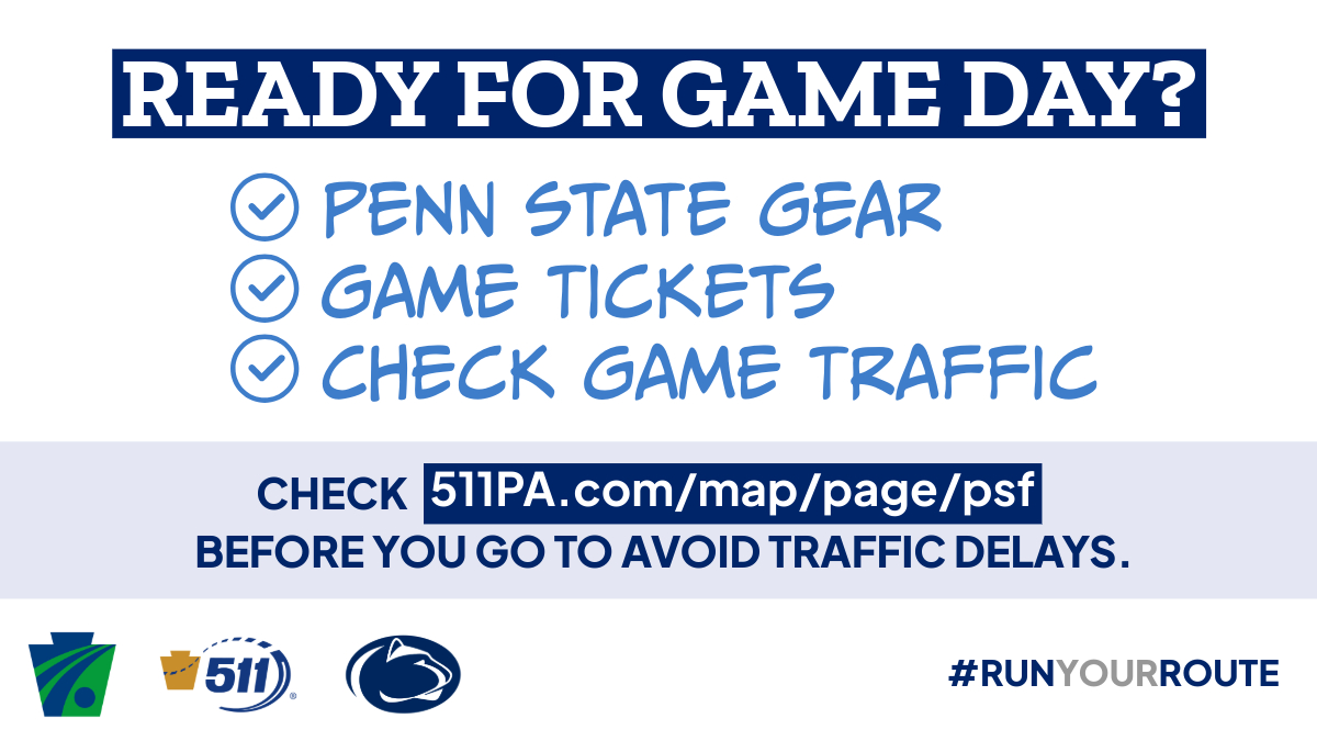 PennDOTNews's tweet photo. WE ARE...trying to help you avoid traffic on the way to @PennStateFball's home games. π
Check out https://t.co/7T7idJQEZY to plan your trip.
#PSUFootball #PennState #PSU #RunYourRoute https://t.co/eMPoMKeoD0