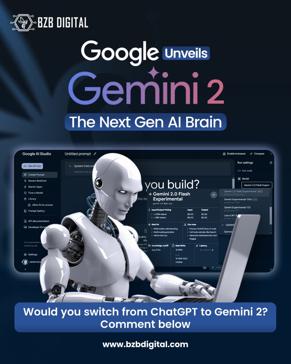 BZBDigital's tweet image. Google Unveils Gemini 2 The Next-Gen AI Brain 🧩⚡

Google just dropped  #Gemini2, a huge leap beyond GPT-style models.
💡 Multi-modal reasoning
🌐 Instant translation
🧠 Self-learning intelligence

“The future just upgraded itself.”

Would you switch from #ChatGPT to…