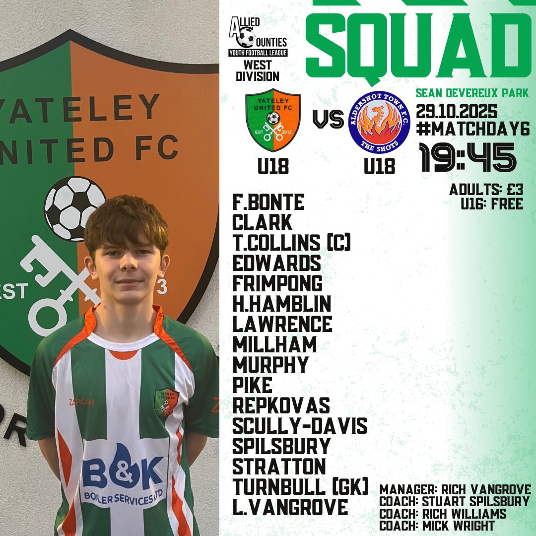 Matchday 

Our u18s host <a href="/OfficialShots/">Aldershot Town FC</a> u18 tonight at Sean Devereux Park in the <a href="/ACYFL_Official/">ACYFL_Official</a> 

After a successful night last night, come down again and back our young lads!