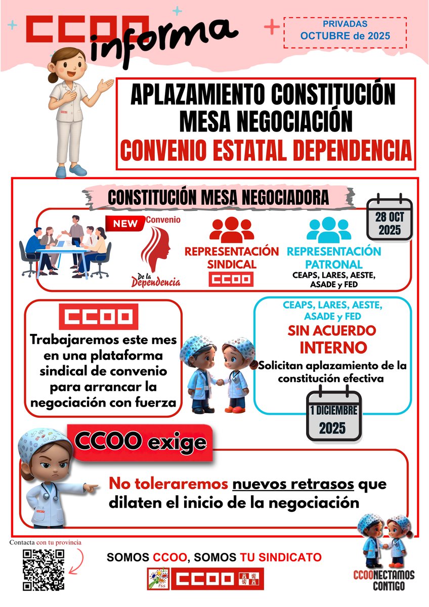 📢 CCOO INFORMA 📢
Aplazada al 1 de diciembre la constitución de la mesa del IX Convenio de Dependencia por falta de acuerdo entre patronales.
La parte social está lista.
Exigimos constituirla ese día y fijar calendario ya: salarios y derechos en juego.
#CCOOInforma #CCOO