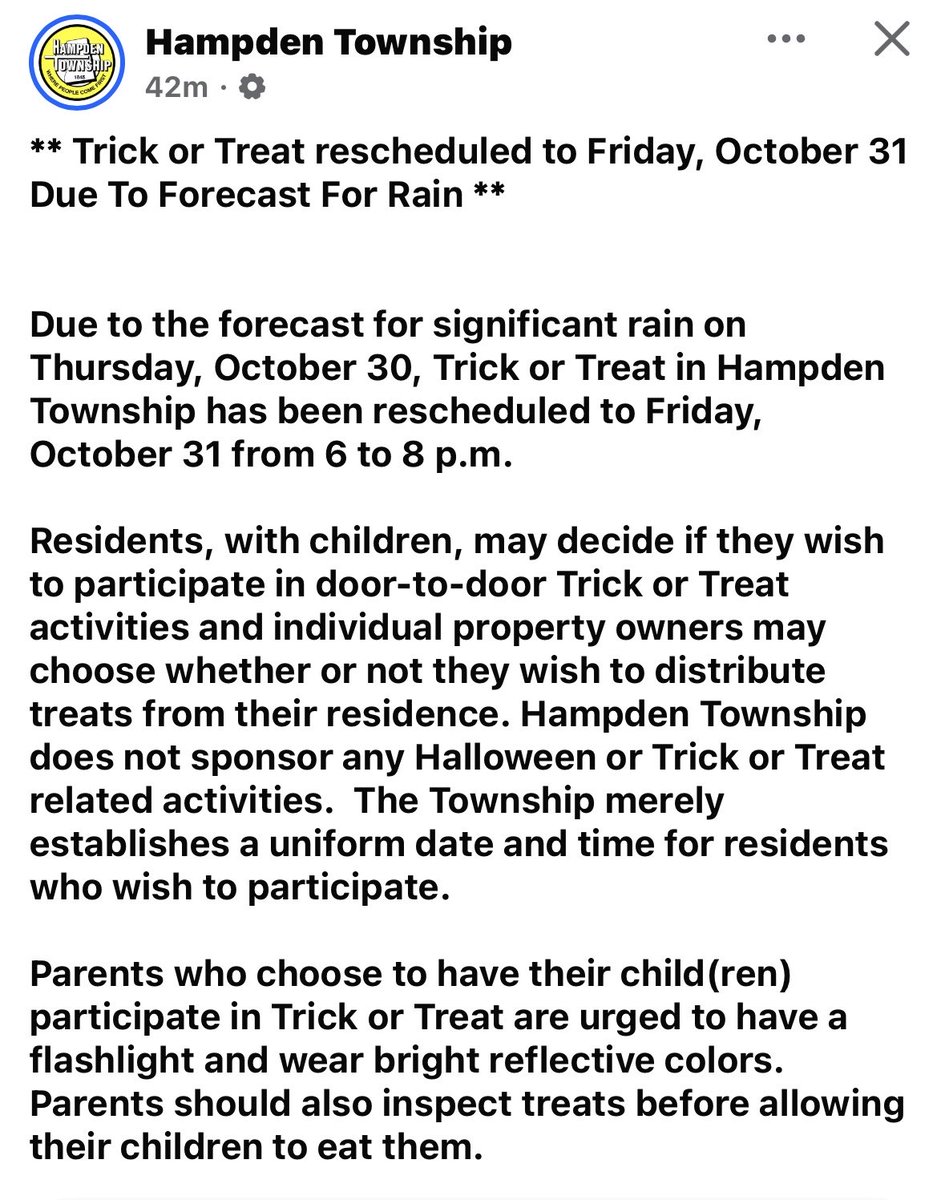 RepDelozier's tweet image. Due to bad weather Lower Allen and Hampden Twp’s changed trick-or-treat night that was supposed to be tomorrow night!  Lower Allen Twp will be Saturday night, November 1 and Hampden Township will be Friday night, October 31.