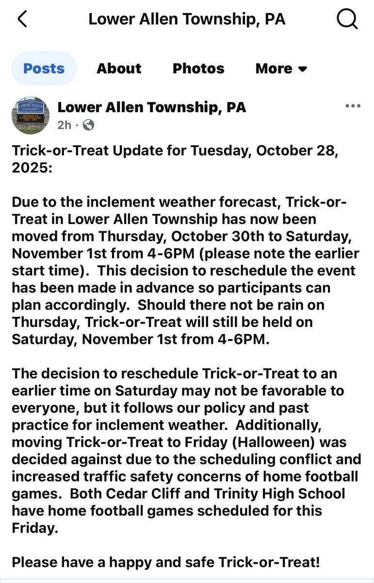 RepDelozier's tweet image. Due to bad weather Lower Allen and Hampden Twp’s changed trick-or-treat night that was supposed to be tomorrow night!  Lower Allen Twp will be Saturday night, November 1 and Hampden Township will be Friday night, October 31.
