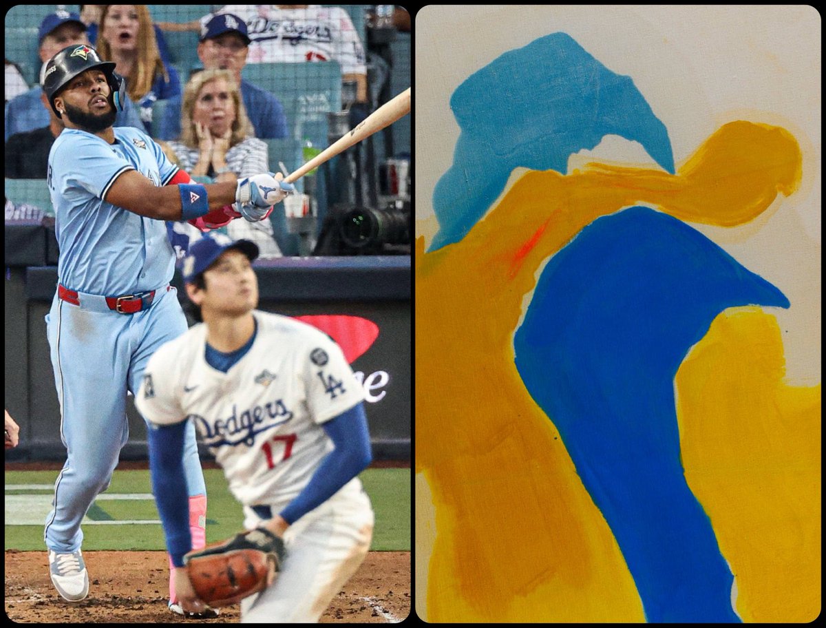 <a href="/BlueJays/">Toronto Blue Jays</a> <a href="/MLB/">MLB</a> <a href="/MLBONFOX/">FOX Sports: MLB</a> <a href="/MLBNetwork/">MLB Network</a> <a href="/MLBDominicana/">MLB Dominicana</a> <a href="/mlbespanol/">MLB Español</a> <a href="/27vladdyjr/">Vladimir Guerrero Jr</a> <a href="/baseballcanada/">Baseball Canada 🇨🇦⚾️</a> <a href="/CDNBaseballHOF/">Canadian Baseball Hall of Fame and Museum 🇨🇦⚾️</a> <a href="/Sportsnet/">Sportsnet</a> <a href="/FAN590/">Sportsnet 590 The FAN</a> Blue Jay (rotated), by Helen Frankenthaler, 1963, 📸 by <a href="/haffeyphoto/">Sean Michael Haffey</a>